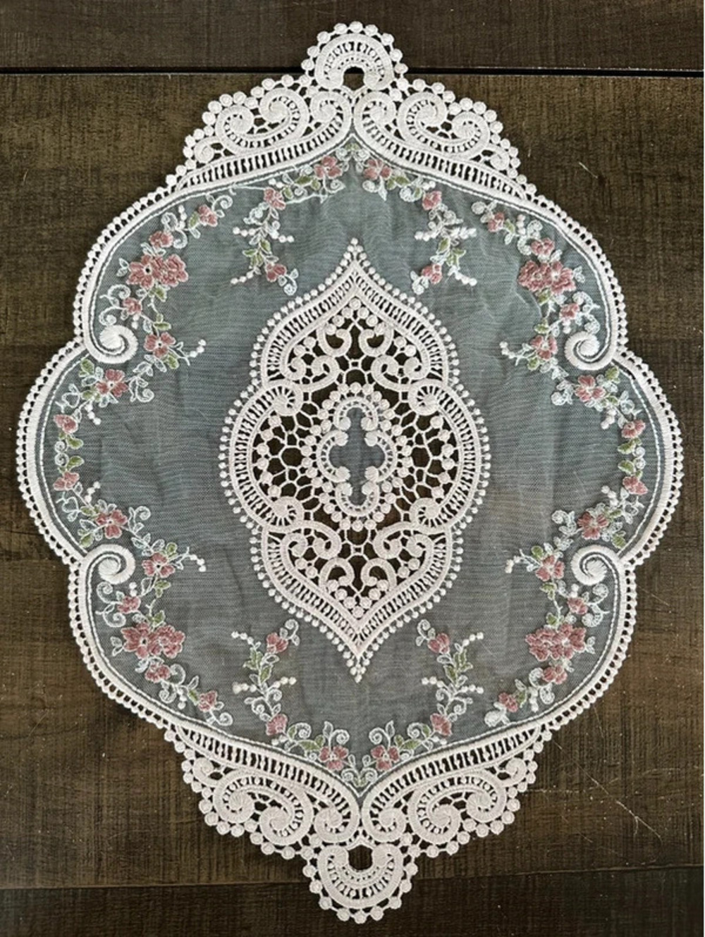 Vintage Embroidered Lace Doily Pink Floral Oval Table Topper Cottage Decor